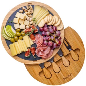 Bambus Käsebrett und Messer Set 30cm schwenkbares Charcuterie Brett mit abnehmbarer Schieferplatte Jubiläum Geburtstagsgeschenk Bild 1