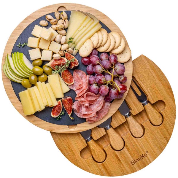 Bamboo Cheese Board and Knife Set - 30cm Swiveling Charcuterie Board with Removable Slate - Anniversary Birthday Housewarming Gift