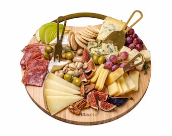 Ensemble de planche à fromage et de couteaux en bambou 33 cm - Planche à charcuterie avec rangement magnétique pour les couverts, plateau de service rond - Super idée cadeau