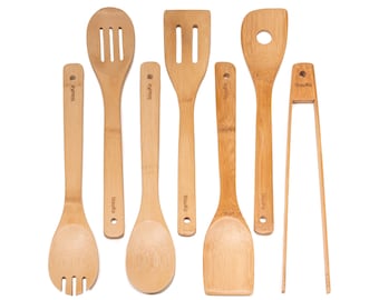 Lot de 7 cuillères en bois pour la cuisine – Ensemble d'ustensiles de cuisine en bambou pour ustensiles de cuisine antiadhésifs – Ensemble d'ustensiles de cuisine en bois – Outils de cuisine en bambou