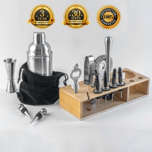 Ensemble shaker à cocktail avec support Kit de barman mixologie 17 pièces Shaker à Martini de 25 oz, Jigger, Passoire, Muddler, Cuillère à mélanger image 2