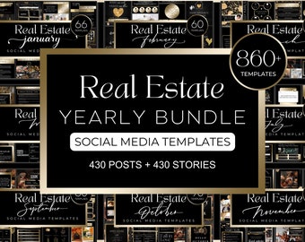 365 Day Black and Gold Real Estate Bundle| Full Year Real Estate Templates| Realtor Yearly Package|Social Media Templates For Realtors Canva