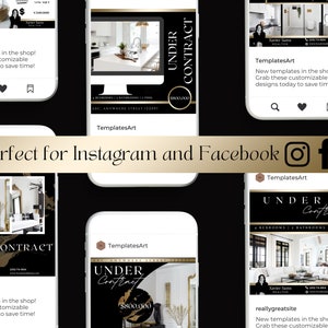 May include: A black and gold Instagram and Facebook post template for real estate agents. The template features a photo of a house interior, the text "UNDER CONTRACT", and the realtor's contact information. The template is designed to be used for social media marketing.