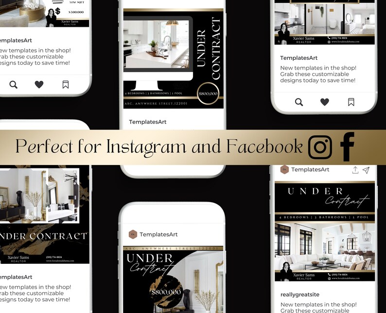 May include: A black and gold Instagram and Facebook post template for real estate agents. The template features a photo of a house interior, the text "UNDER CONTRACT", and the realtor's contact information. The template is designed to be used for social media marketing.