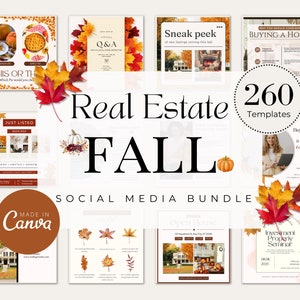 May include: A collection of 260 social media templates for real estate agents, featuring a fall theme. The templates include images of pumpkins, leaves, and houses. The text "Real Estate Fall" is displayed in large, bold letters. The text "260 Templates" is also displayed in a circle.