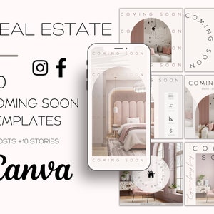 20 Blush Pink Coming Soon Template dla nieruchomości | Marketing w mediach społecznościowych dla agentów nieruchomości | Posty i historie na Instagramie i Facebooku | Szablon Canva