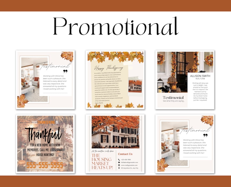 May include: A set of six social media graphics with a fall theme. The graphics feature images of homes, fall foliage, and text that says "Happy Thanksgiving", "Testimonial", "This season, be thankful", "The housing market heats up", and "Contact Us".