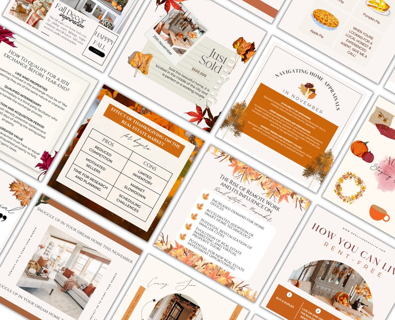 May include: A collage of images with fall-themed designs and text related to real estate. The images include a house, a pumpkin, a pie, and a wreath. The text includes phrases like "How to Qualify for a 1031 Exchange Before Year-End?" and "Navigating Home Appraisals in November."
