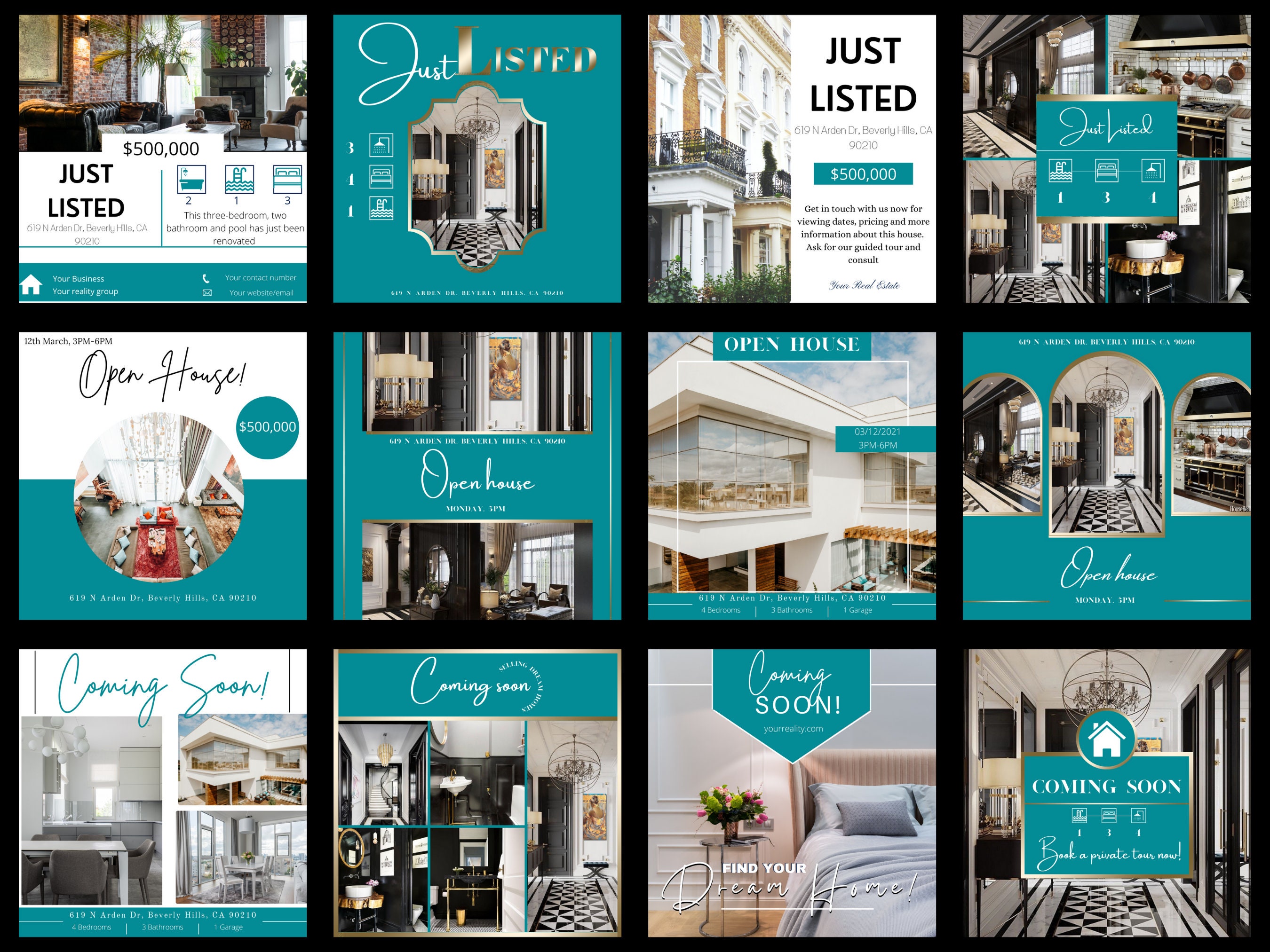 1300 Teal and Gold Real Estate Canva Templatereal Estate Etsy