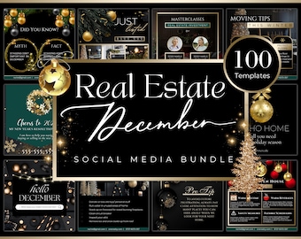 100+ Black and Gold Real Estate December Posts| Real Estate Christmas Marketing| Realtor Holiday Templates| Christmas Posts| Canva Realtor