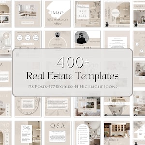 Oltre 400 modelli di marketing immobiliare dall'estetica neutra/modelli Canva modificabili per agenti immobiliari/post e storie sui social media evidenziano le icone