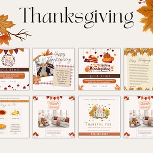 May include: A collage of eight Thanksgiving-themed social media posts. The posts feature images of fall foliage, food, and homes. The text on the posts includes Thanksgiving greetings, quiz questions, and real estate marketing messages.