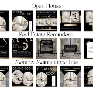 May include: A collage of black and gold real estate social media graphics with text such as "Open House", "Real Estate Reminders", "Monthly Maintenance Tips", "Coming Soon", "Days on Market (DOM)", "Due Diligence", "Appraisal Contingency", "Rent-Back", and "As Is".