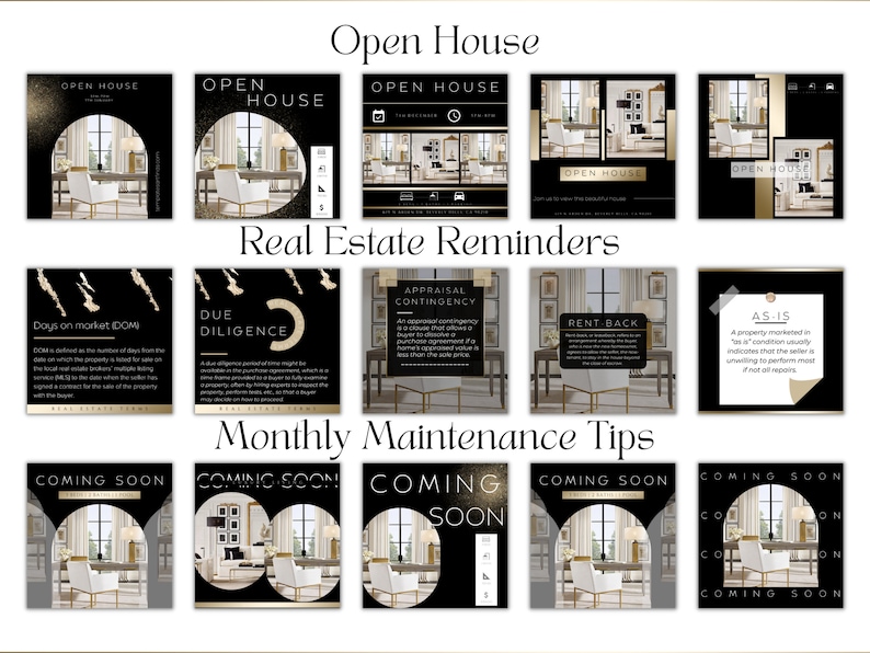 May include: A collage of black and gold real estate social media graphics with text such as "Open House", "Real Estate Reminders", "Monthly Maintenance Tips", "Coming Soon", "Days on Market (DOM)", "Due Diligence", "Appraisal Contingency", "Rent-Back", and "As Is".