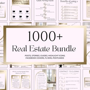 Más de 1000 plantillas de marketing inmobiliario rosa y dorado/ Paquete de agentes inmobiliarios de lujo/ Plantillas de redes sociales de bienes raíces/ Postales de folletos de agentes inmobiliarios