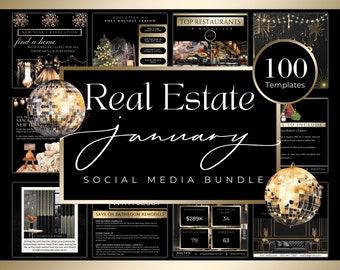 May include: A collection of 100 social media templates for real estate agents. The templates feature a black and gold colour scheme with images of homes, fireworks, and disco balls. The text "Real Estate January" is written in a large, decorative font.