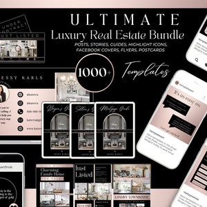 Paquete de más de 1000 plantillas de marketing inmobiliario en negro y oro rosa/ Guías para agentes inmobiliarios, Folletos, Postales/ Historias de publicaciones en redes sociales de agentes inmobiliarios/ Iconos de IG