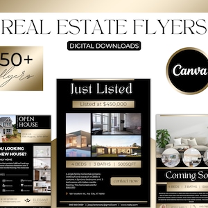 50+ Black & Gold Real Estate Marketing Flyer Templates| Realtor Flyer Bundle| Luxury Flyers| Real Estate Marketing Essentials| Canva Flyers