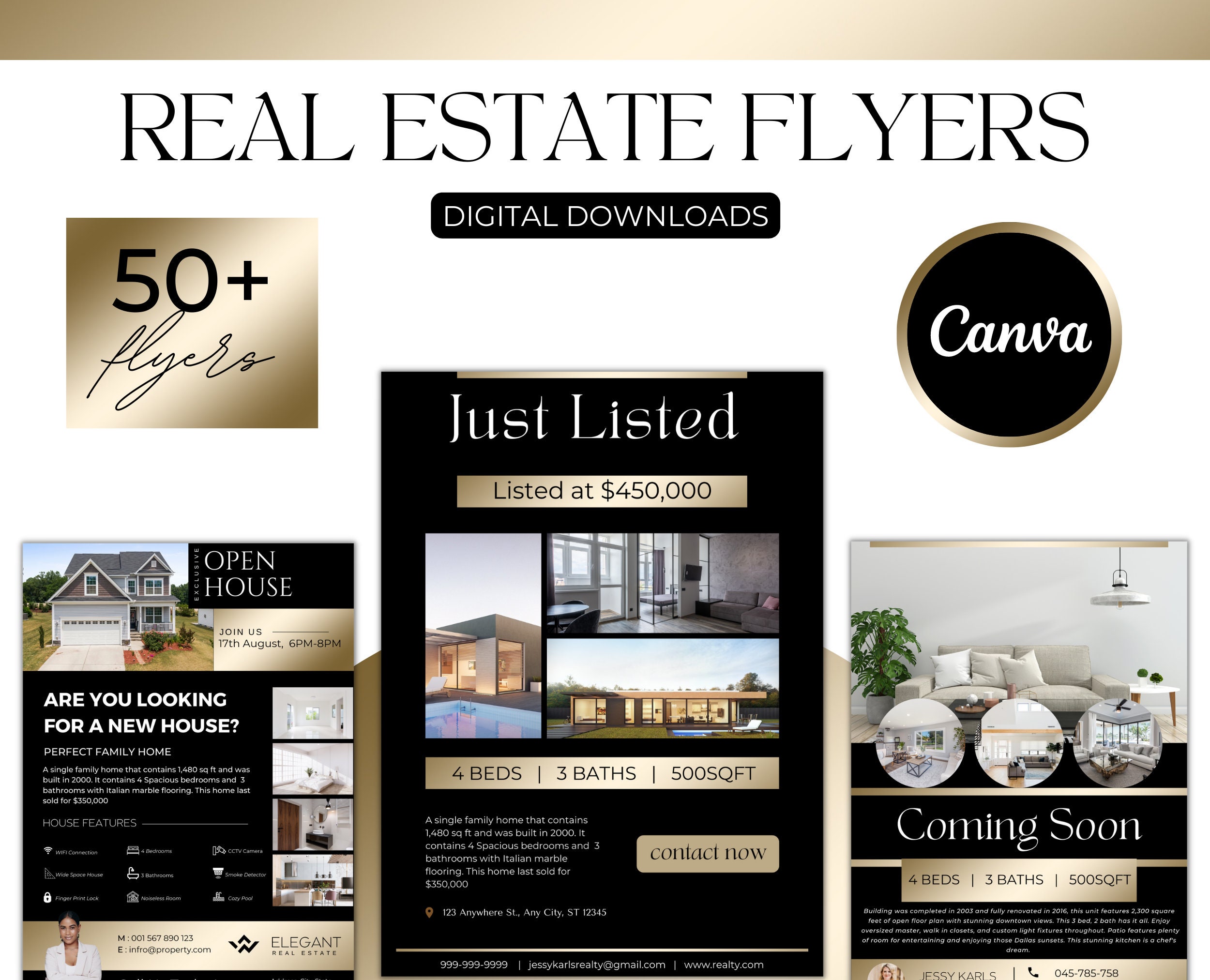 50+ Black & Gold Real Estate Marketing Flyer Templates| Realtor Flyer Bundle| Luxury Flyers| Real Estate Marketing Essentials| Canva Flyers