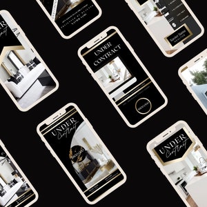 May include: A collage of six images showcasing real estate listings marked as "Under Contract". Each image features a different interior or exterior shot of a home, with a black and gold colour scheme and the text "Under Contract" in a bold, white font.
