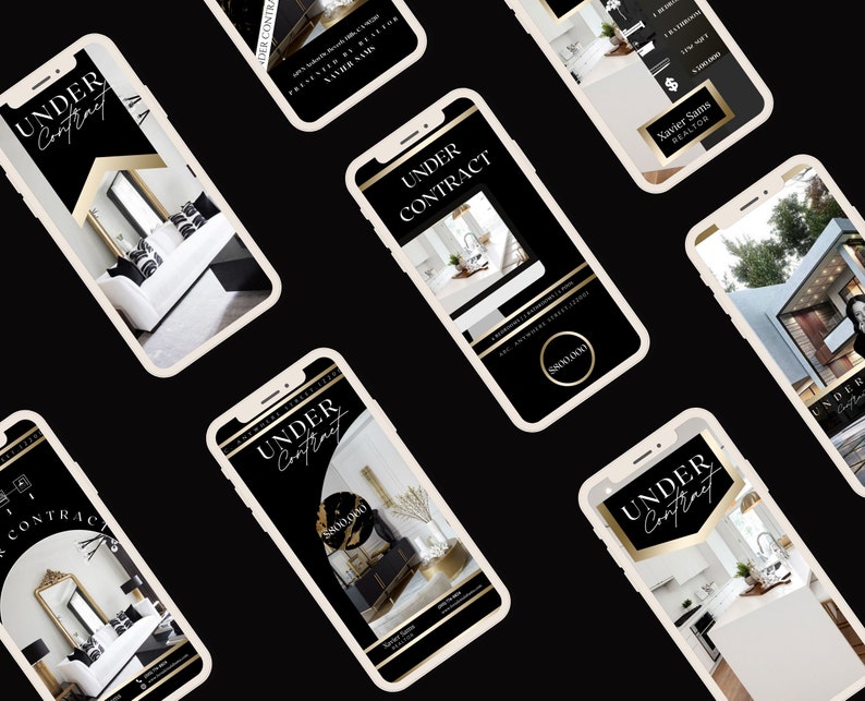 May include: A collage of six images showcasing real estate listings marked as "Under Contract". Each image features a different interior or exterior shot of a home, with a black and gold colour scheme and the text "Under Contract" in a bold, white font.