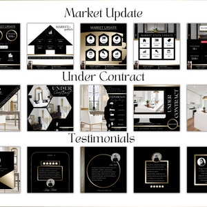 May include: A collage of black and gold Instagram posts for a real estate agent. The posts feature market updates, homes under contract, and testimonials from clients. The text includes "Monthly Market Update", "Under Contract", and "Testimonials".