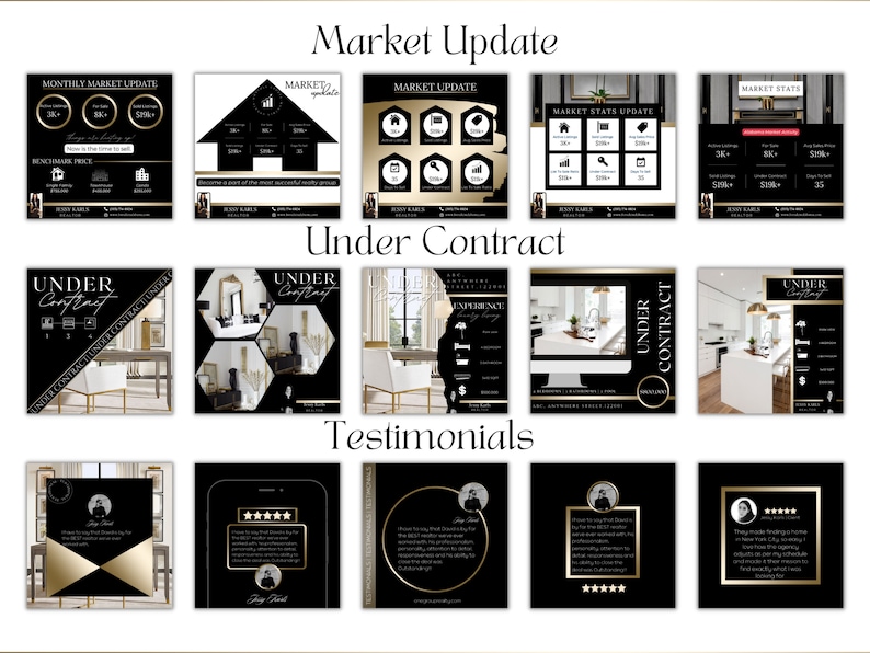 May include: A collage of black and gold Instagram posts for a real estate agent. The posts feature market updates, homes under contract, and testimonials from clients. The text includes "Monthly Market Update", "Under Contract", and "Testimonials".