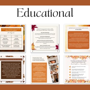 May include: A collage of six educational graphics with autumnal themes. Each graphic features a different topic related to real estate, including the effects of Thanksgiving on the market, 1031 exchanges, home inspections, year-end tax considerations, and the rise of remote work. The graphics are designed with a warm color palette and feature images of fireplaces, homes, and fall foliage.