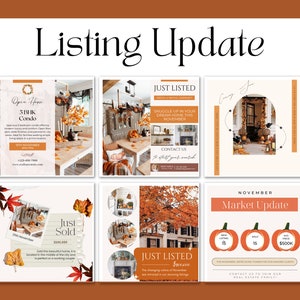 May include: A collage of six Instagram posts promoting real estate listings. The posts feature images of homes decorated for fall with autumn leaves, pumpkins, and other seasonal decor. The text on the posts includes information about the listings, such as the number of bedrooms, the price, and the date of the open house. The posts also include a call to action to contact the realtor.