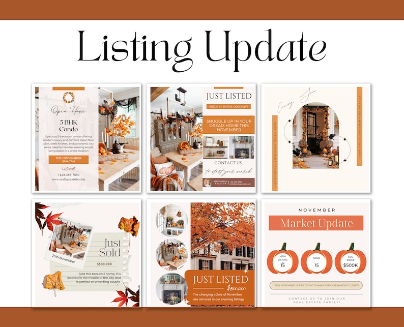 May include: A collage of six Instagram posts promoting real estate listings. The posts feature images of homes decorated for fall with autumn leaves, pumpkins, and other seasonal decor. The text on the posts includes information about the listings, such as the number of bedrooms, the price, and the date of the open house. The posts also include a call to action to contact the realtor.