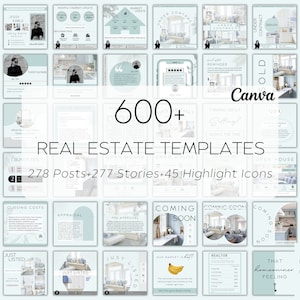 Plus de 600 modèles de marketing immobilier bleu clair esthétique | Ensemble de médias sociaux pour agents immobiliers | Kit de marque Instagram Facebook| Messages et histoire de l'agent immobilier