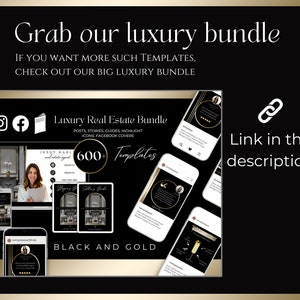 May include: A black and gold graphic design template bundle for real estate agents. The bundle includes 600+ templates for social media posts, stories, guides, highlights, icons, and Facebook covers.