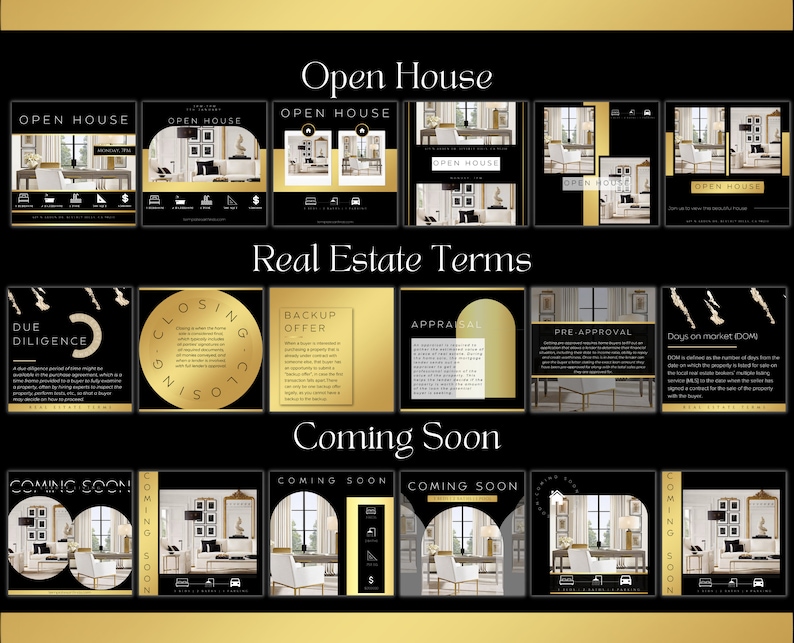 650+ Luxury Black and Gold Real Estate Marketing Template Bundle ...