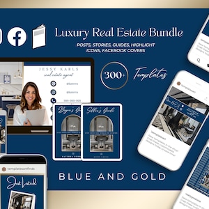 300+ Blue and Gold Real Estate Templates Bundle| Instagram Facebook Posts and Stories| Buyer Seller guide| Realtor Marketing| Highlight Icon