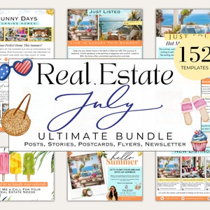 Ultimative Juli-Immobilienmarketing-Vorlagen| 4. Juli Grundbesitz | Juli Rundbrief| Grundbesitz Juli Postkarten & Flyer Canva
