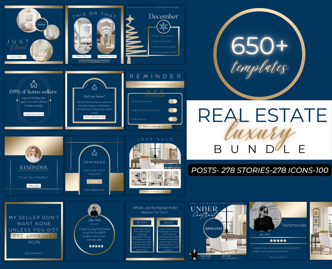 650+ Blue and Gold Real Estate Luxury Marketing Template Bundle ...