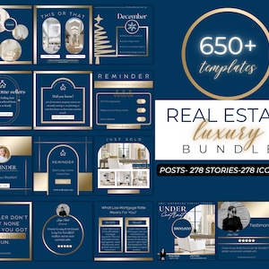 Más de 650 paquetes de plantillas de marketing de lujo inmobiliario azul y dorado/ Paquete de redes sociales para agentes inmobiliarios/ Elementos esenciales de marca/ Publicaciones de Instagram y Facebook