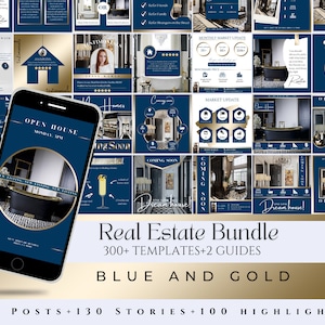 300+ Blue & Gold Real Estate Social Media Template Marketing Bundle|Realtor Instagram and Facebook Posts|Realtor Buyer Seller Guide Handbook
