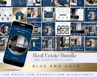 300+ Blue & Gold Real Estate Social Media Template Marketing Bundle|Realtor Instagram and Facebook Posts|Realtor Buyer Seller Guide Handbook
