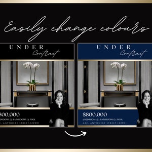 May include: A black and gold real estate listing with a photo of a woman in a black dress sitting in a living room. The listing is for a house with 4 bedrooms, 3 bathrooms, and a pool. The price is &pound;800,000. The text "UNDER CONTRACT" is displayed in white on a black background.