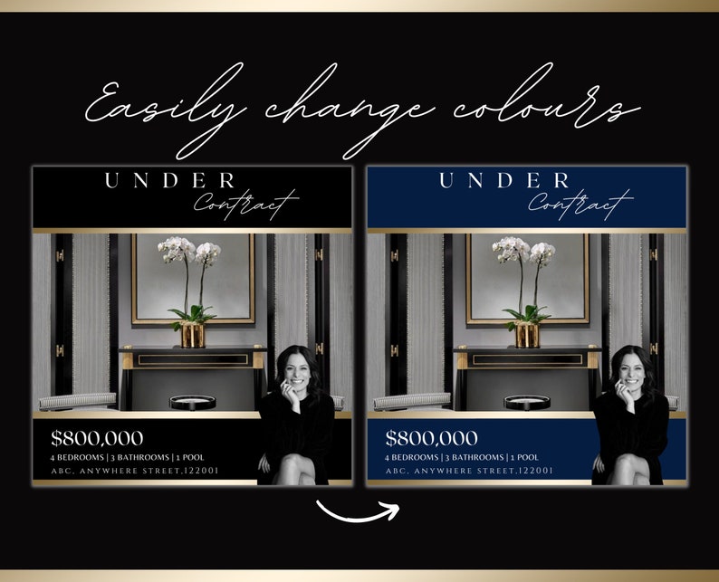 May include: A black and gold real estate listing with a photo of a woman in a black dress sitting in a living room. The listing is for a house with 4 bedrooms, 3 bathrooms, and a pool. The price is &pound;800,000. The text "UNDER CONTRACT" is displayed in white on a black background.