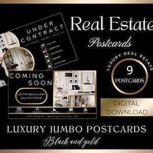 Modelli di cartoline immobiliari nere e dorate/Marketing per agenti immobiliari/ Appena elencati, Prossimamente, Sotto contratto, Cartoline di lusso vendute per agenti immobiliari