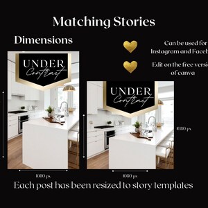 May include: Two Instagram story templates for real estate agents. The templates are 1080 pixels wide by 1920 pixels tall. Both templates feature a white kitchen with a white island and bar stools. The text "UNDER CONTRACT" is displayed in a black and gold banner on both templates.