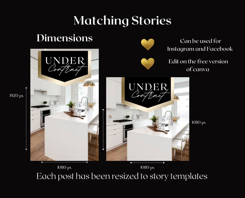 May include: Two Instagram story templates for real estate agents. The templates are 1080 pixels wide by 1920 pixels tall. Both templates feature a white kitchen with a white island and bar stools. The text "UNDER CONTRACT" is displayed in a black and gold banner on both templates.