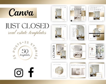 50 Just Closed Real Estate Marketing Templates| White and Gold Luxury Social Media Posts for Realtor| Realtor Marketing Canva templates