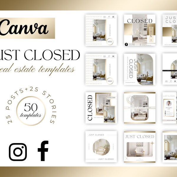 50 Just Closed Real Estate Marketing Templates| White and Gold Luxury Social Media Posts for Realtor| Realtor Marketing Canva templates