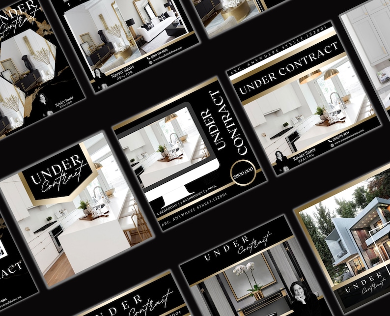 May include: A black and gold real estate social media post featuring a photograph of a modern kitchen with the text "UNDER CONTRACT" in a gold frame. The text "Xavier Sams REALTOR" is also included in the post.