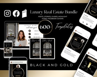 600 Black & Gold Real Estate Templates| Instagram Facebook Posts and Stories| 100 Highlight Icons| Social Media Templates| Realtor Marketing