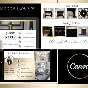 May include: A black and gold Facebook cover template for a real estate agent. The template features a photo of a woman, the agent's name, contact information, and the text "Call me for a free evaluation!" The template also includes a logo for Canva.
