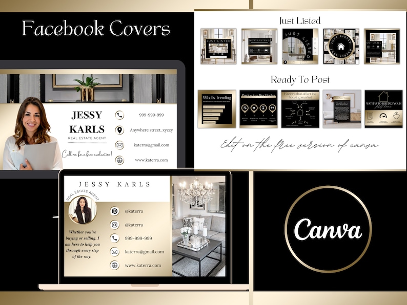 May include: A black and gold Facebook cover template for a real estate agent. The template features a photo of a woman, the agent's name, contact information, and the text "Call me for a free evaluation!" The template also includes a logo for Canva.